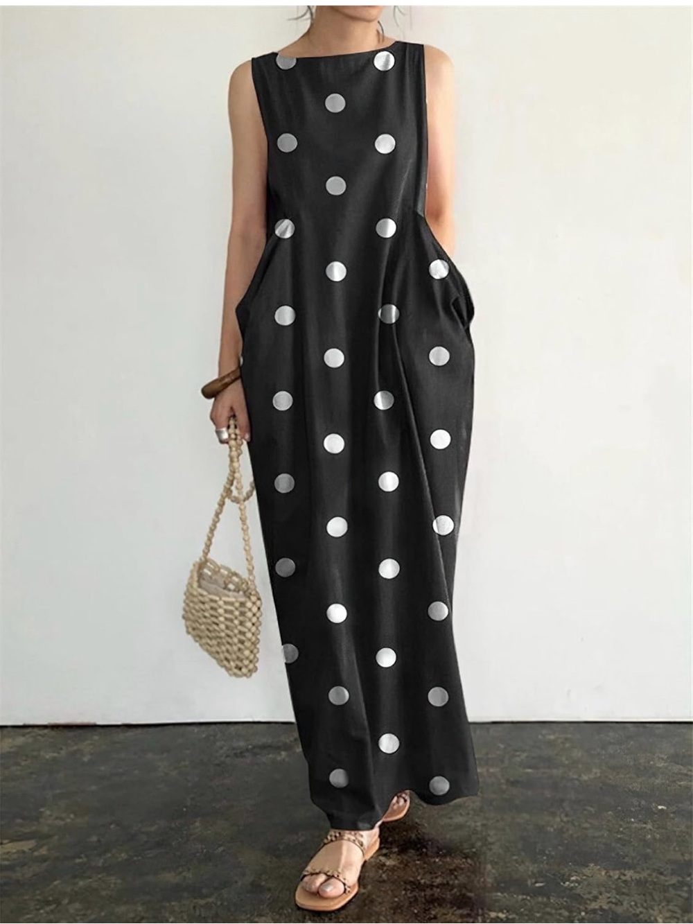 Sleeveless Black Polka Dot Maxi Dress